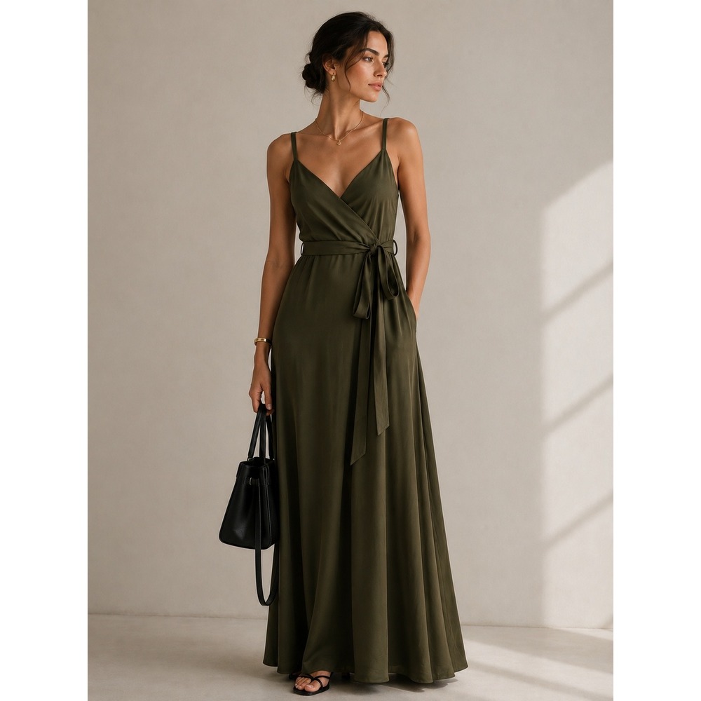 VTG Banana Republic Maxi Wrap Dress 6 Olive Green Minimalist 90s Utility Chic
